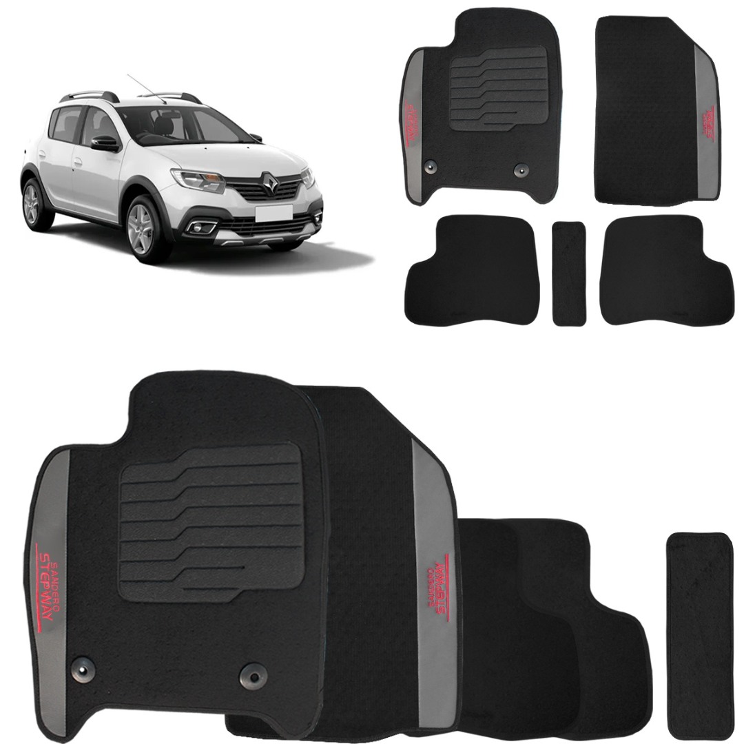 Jogo de Tapete Carpete Sandero Stepway 2008 a 2025 Preto 5 Peças
